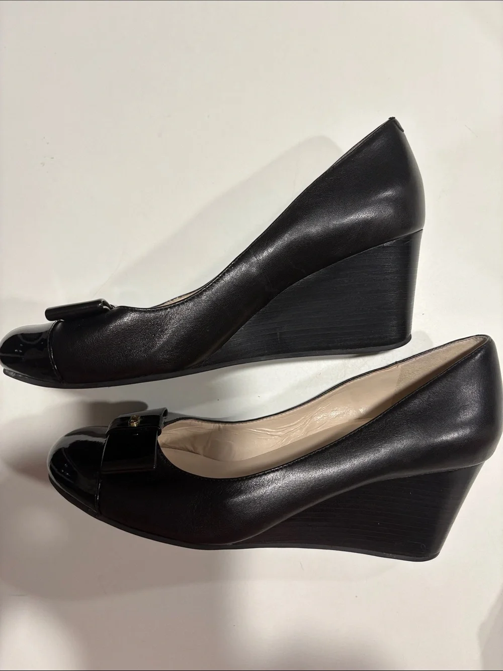 Cole Haan Black Patent Leather Bow Wedges, size 6B